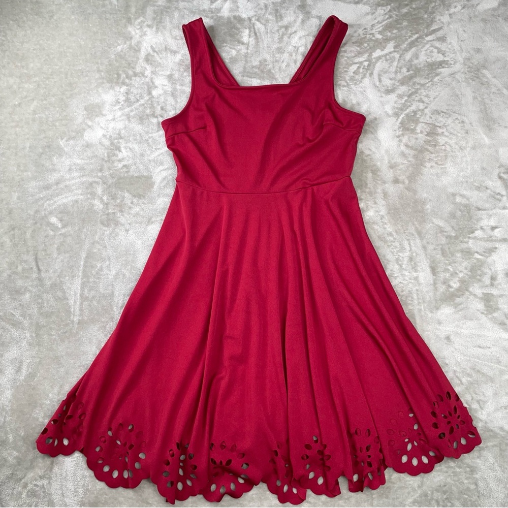 Red Skater Mini Dress Medium Laser Cut Scalloped Hem Fit Flare Holiday Party